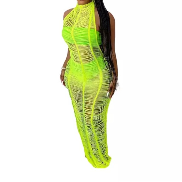 WOMENS KNITTED BEACH COVERUP DRESS NEON GREEN - Picture 1 of 3